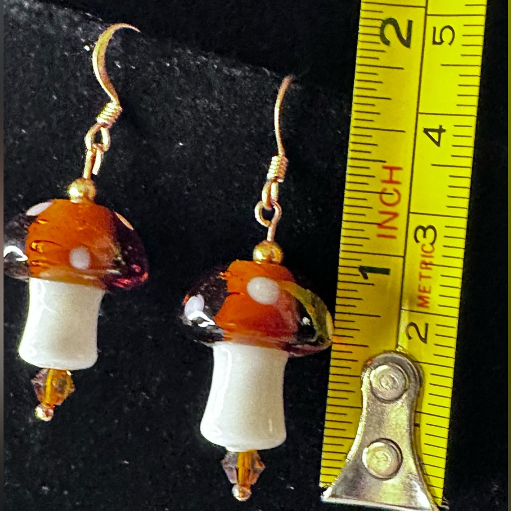 Blown Glass Mushroom Dangle Earrings - Picture 3 of 4